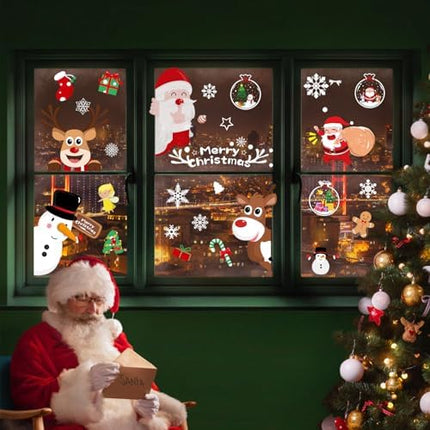 Christmas Window Stickers 9PCS – Snowflake, Santa, Reindeer & Snowman Decor