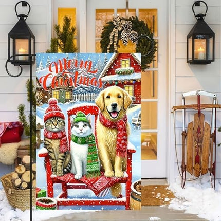 Christmas Porch Sign – Red White Holiday Welcome Banner with Snowflakes & Santa