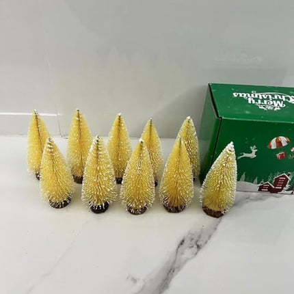 Miniature Christmas Bottle Brush Trees – 10pcs 4" Yellow Ornaments for Festive Decor