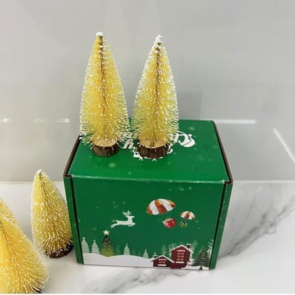 Miniature Christmas Bottle Brush Trees – 10pcs 4" Yellow Ornaments for Festive Decor