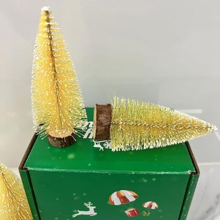 Miniature Christmas Bottle Brush Trees – 10pcs 4" Yellow Ornaments for Festive Decor