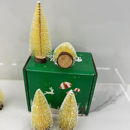 Miniature Christmas Bottle Brush Trees – 10pcs 4" Yellow Ornaments for Festive Decor