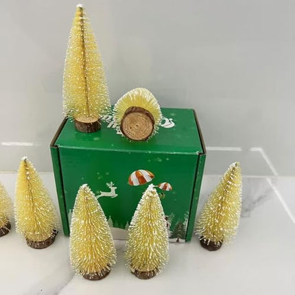 Miniature Christmas Bottle Brush Trees – 10pcs 4" Yellow Ornaments for Festive Decor