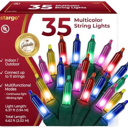 Warm Multicolor Christmas Lights 35 Mini Bulbs 6.3ft String with Green Wire