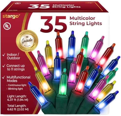 Warm Multicolor Christmas Lights 35 Mini Bulbs 6.3ft String with Green Wire