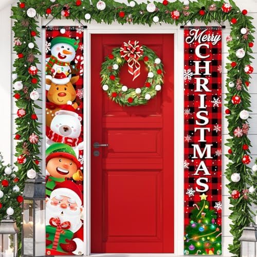 Buffalo Plaid Christmas Banner Set – Santa & Snowman Door Signs for Home or Porch