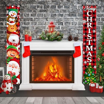 Buffalo Plaid Christmas Banner Set – Santa & Snowman Door Signs for Home or Porch