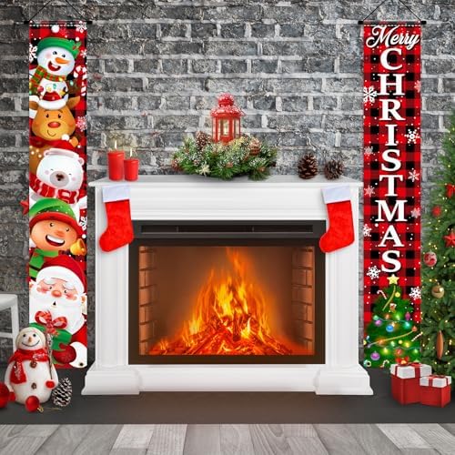 Buffalo Plaid Christmas Banner Set – Santa & Snowman Door Signs for Home or Porch