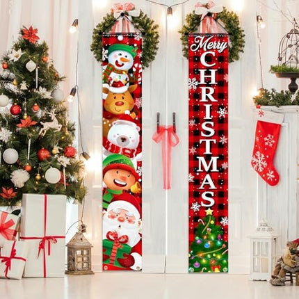 Buffalo Plaid Christmas Banner Set – Santa & Snowman Door Signs for Home or Porch