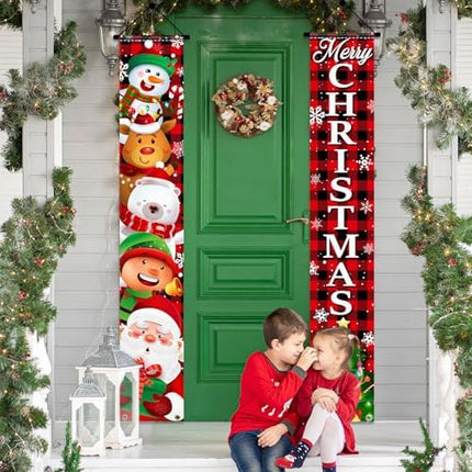 Buffalo Plaid Christmas Banner Set – Santa & Snowman Door Signs for Home or Porch
