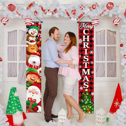 Buffalo Plaid Christmas Banner Set – Santa & Snowman Door Signs for Home or Porch