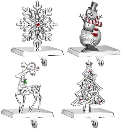 GUOER Christmas Stocking Holder Set 4-Pack – Snowflake & Holiday Metal Hangers