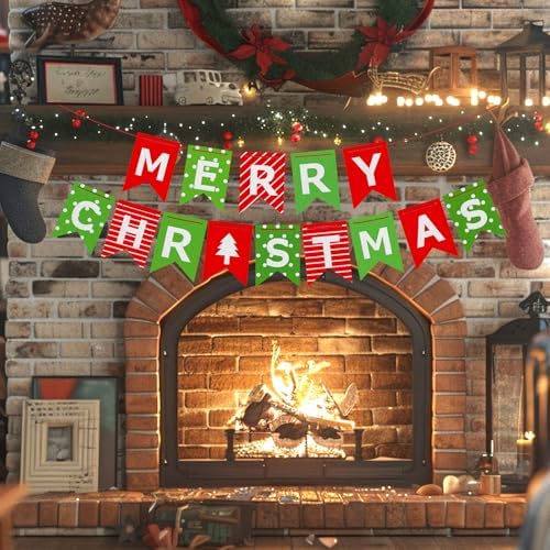 Merry Christmas Paper Banner – Red-Green Holiday Sign for Wall, Fireplace & Windows
