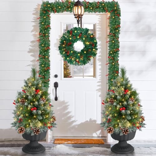 2 Pack 27" LED Pre-Lit Christmas Trees with Timer, Outdoor Porch Holiday Décor