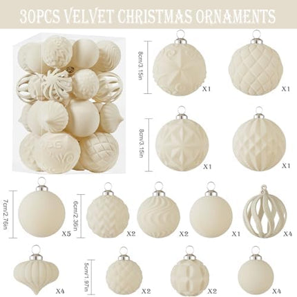 Cream Velvet Christmas Ball Set 30pcs – Flocked Shatterproof Ornaments for Home & Party