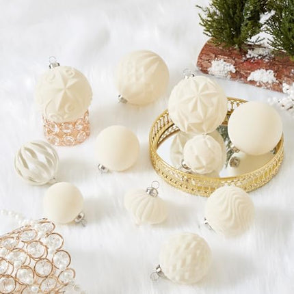 Cream Velvet Christmas Ball Set 30pcs – Flocked Shatterproof Ornaments for Home & Party