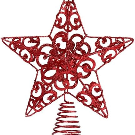 Blulu 10" Red Glitter 3D Metal Star Tree Topper for Christmas Holiday Decor