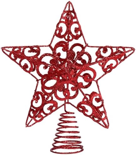 Blulu 10" Red Glitter 3D Metal Star Tree Topper for Christmas Holiday Decor