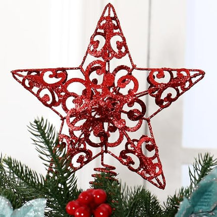 Blulu 10" Red Glitter 3D Metal Star Tree Topper for Christmas Holiday Decor