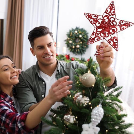 Blulu 10" Red Glitter 3D Metal Star Tree Topper for Christmas Holiday Decor