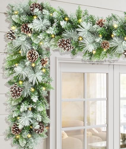 Christmas Garland 9FT Pre-Lit – 100 Lights, Cones & Berries for Mantle & Porch