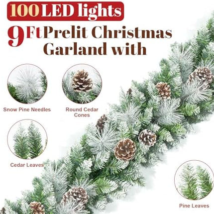 Christmas Garland 9FT Pre-Lit – 100 Lights, Cones & Berries for Mantle & Porch