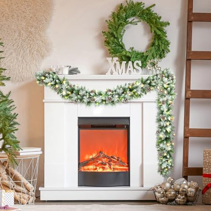 Christmas Garland 9FT Pre-Lit – 100 Lights, Cones & Berries for Mantle & Porch