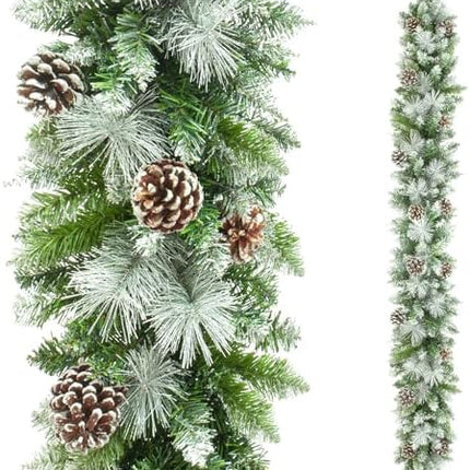 Christmas Garland 9FT Pre-Lit – 100 Lights, Cones & Berries for Mantle & Porch