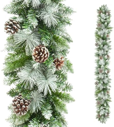 Christmas Garland 9FT Pre-Lit – 100 Lights, Cones & Berries for Mantle & Porch