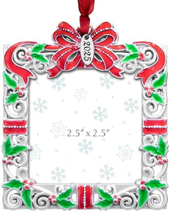 Holiday Picture Frame Ornament 2025 – Silvery Red Green Christmas Keepsake Decoration