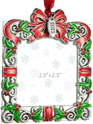 Holiday Picture Frame Ornament 2025 – Silvery Red Green Christmas Keepsake Decoration