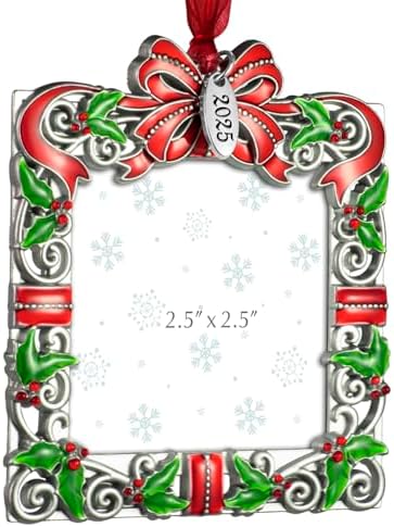 Holiday Picture Frame Ornament 2025 – Silvery Red Green Christmas Keepsake Decoration