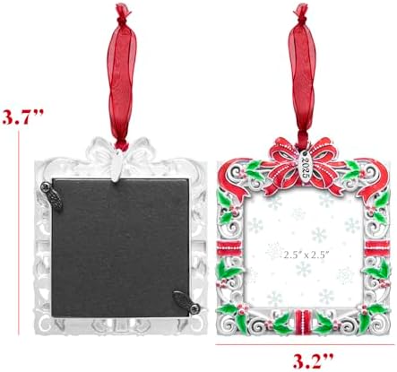 Holiday Picture Frame Ornament 2025 – Silvery Red Green Christmas Keepsake Decoration