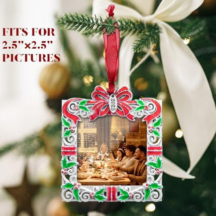 Holiday Picture Frame Ornament 2025 – Silvery Red Green Christmas Keepsake Decoration