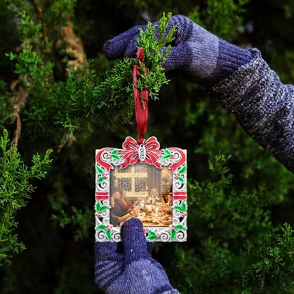 Holiday Picture Frame Ornament 2025 – Silvery Red Green Christmas Keepsake Decoration