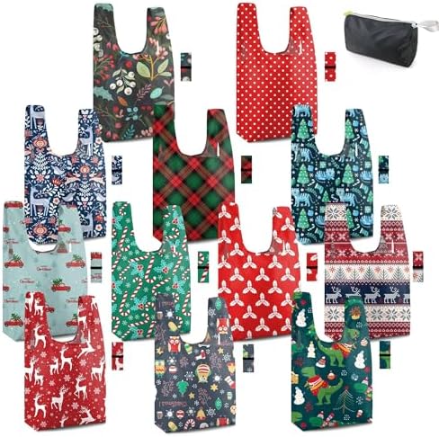 BeeGreen Christmas Reusable Tote Bags 12-Pack – 50 lb Foldable Shopping Set