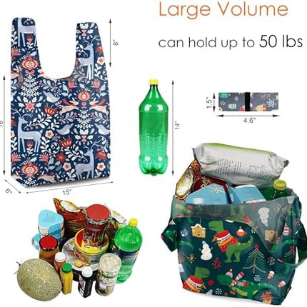 BeeGreen Christmas Reusable Tote Bags 12-Pack – 50 lb Foldable Shopping Set
