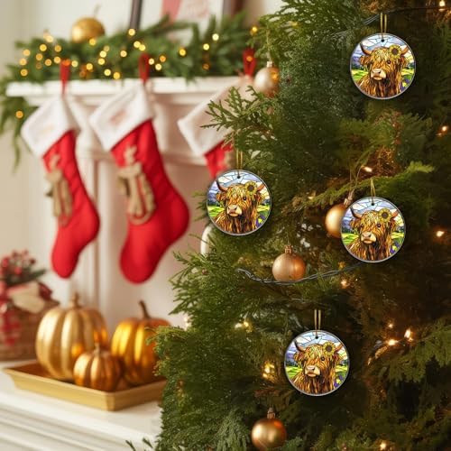2025 Highland Cow Ornament – Glossy Ceramic Christmas Gift for Men and Women