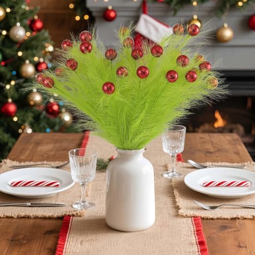 Hananona 30-Pack Christmas Tree Picks – 15" Green Curly Stems with Red Balls