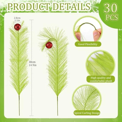 Hananona 30-Pack Christmas Tree Picks – 15" Green Curly Stems with Red Balls