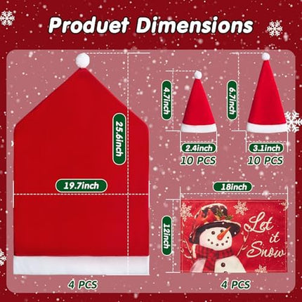 Christmas Chair Slipcovers Set with 20 Mini Santa Hats – Holiday Table Decor