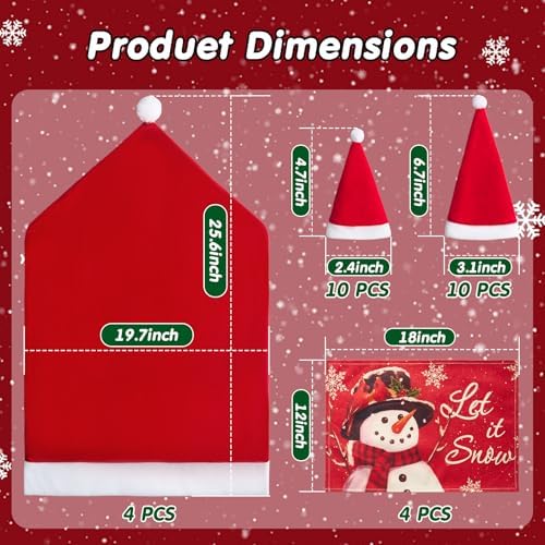 Christmas Chair Slipcovers Set with 20 Mini Santa Hats – Holiday Table Decor