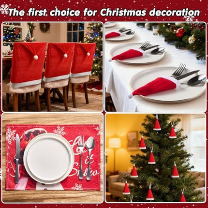 Christmas Chair Slipcovers Set with 20 Mini Santa Hats – Holiday Table Decor
