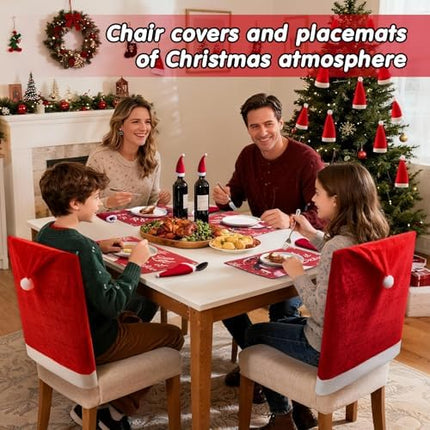 Christmas Chair Slipcovers Set with 20 Mini Santa Hats – Holiday Table Decor