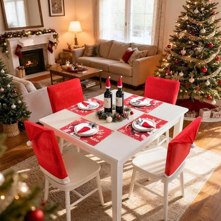 Christmas Chair Slipcovers Set with 20 Mini Santa Hats – Holiday Table Decor