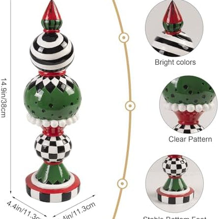 15" Modern Christmas Tabletop Figurine – Black & White Checkered Resin Decor