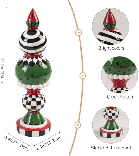 15" Modern Christmas Tabletop Figurine – Black & White Checkered Resin Decor