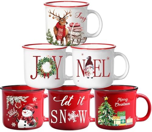 Pickmesh Holiday Enamel Mugs – Set of 6 Festive 12oz Coffee Cups for Christmas