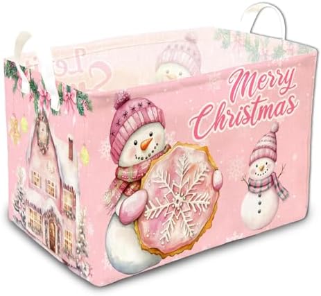 Merry Christmas Pink Storage Basket – Foldable Snowman Box for Bedroom