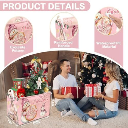 Merry Christmas Pink Storage Basket – Foldable Snowman Box for Bedroom